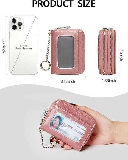 TFKGS Credit Card Holder for Women RFID Wallet Leather Womens Wallet with Zipper Blocking Keychain Card Accordion Wallets Gifts for Women Pink