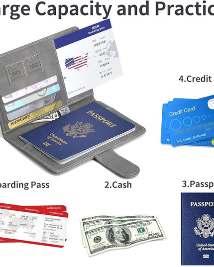 Passport Holder, Passport Cover with Credit Card Slot and Boarding Pass Slot Combo, Passport Wallet Case Book Travel Must Have, RFID Blocking Leather Travel Accessories, Grey