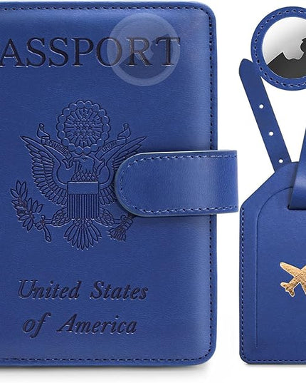 Passport Holder for Travel Family with Slot for AirTag & Luggage Tag Cover, – RFID Blocking Passport Wallet for Women & Men | PU Leather Passport Cover Case with Money Pocket – Blue