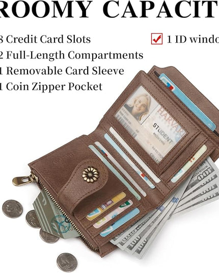 Blucoay Womens Wallet,RFID Blocking Wallet Women Soft Leather Bifold Wallets For Women Card Holder With Removable ID Window greybrown