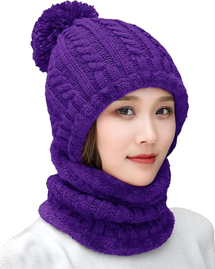 HUAMULAN Women Winter Beanie Hats One Piece Fleece Lined Knit Balaclavas Mask Set Skull Neck Circle Scarf Ski Snow Hat Pompom