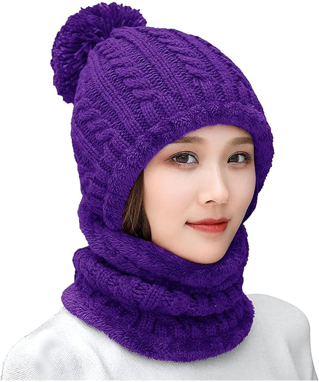 HUAMULAN Women Winter Beanie Hats One Piece Fleece Lined Knit Balaclavas Mask Set Skull Neck Circle Scarf Ski Snow Hat Pompom