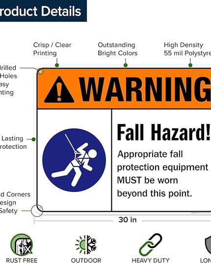 Warning Fall Hazard Appropriate Fall Protection Equipment Sign, 24x30 Inches, 55 mil thick HDPS (high density polystyrene), Made in USA by My Sign Center