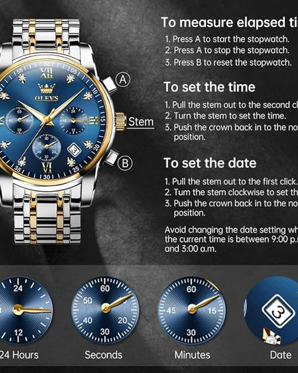 OLEVS Men's Luxury Watch Waterproof Luminous Easy Read Chronograph Watches Full Gold/White Dail/Black Face with Calendar Wristwatch