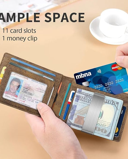 RUNBOX Slim Money Clip Wallets for Men RFID Blocking 11 Card Holder Minimalist Small Leather Bifold Men's Front Pocket Wallet Gift Box