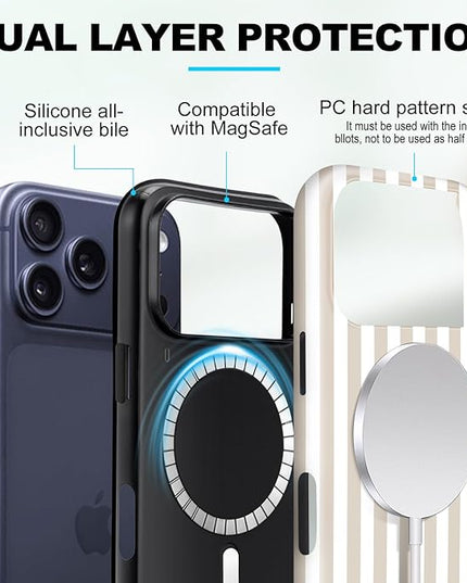 Magnetic for iPhone 17 Pro Max Case Cute Stripes Phone Case, Shockproof Slim TPU and Hard PC Protective Phone Cover Compatible with MagSafe Designed for Women Girls, Apricot