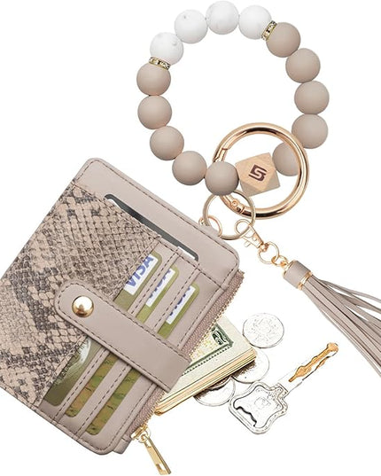 COOLANS Silicone Bracelet Wristlet Wallet Credit Card Holder RFID,ID Window,Key Ring Tassel,Slim Wallet Women Keychain Purse