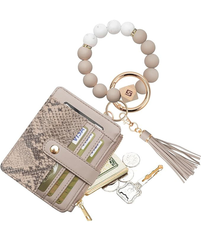 COOLANS Silicone Bracelet Wristlet Wallet Credit Card Holder RFID,ID Window,Key Ring Tassel,Slim Wallet Women Keychain Purse