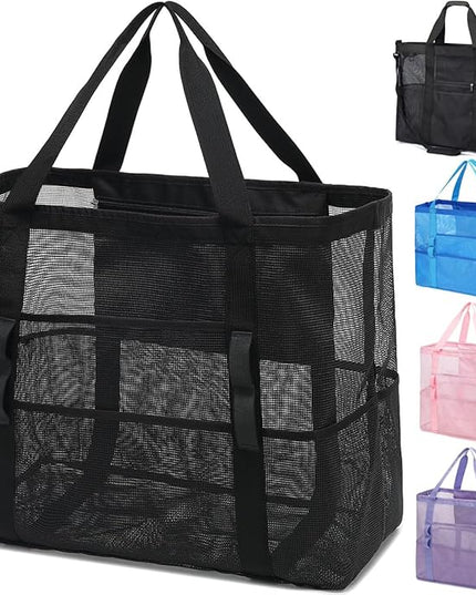 Mesh Beach Bag, Large Beach Tote with Zipper Pocket, Toys Pool Bag for Family Travel Vacation Cruise Essentials