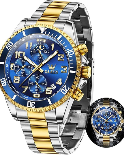 OLEVS Mens Watches Chronograph Watch Luxury Dress Stainless Steel Waterproof Watches for Men Moon Phase Luminous Business Calendar Wrist Watch Blue/Black/Green/Gold/Face