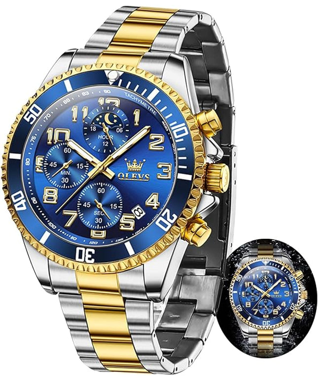 OLEVS Mens Watches Chronograph Watch Luxury Dress Stainless Steel Waterproof Watches for Men Moon Phase Luminous Business Calendar Wrist Watch Blue/Black/Green/Gold/Face