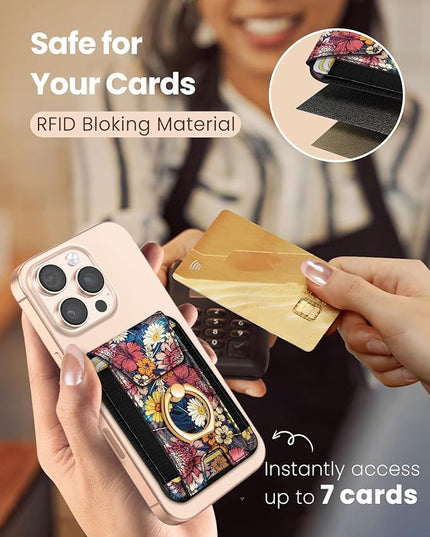 Shorogyt Compatible with Magsafe Wallet with Grip Magnetic Card Holder - Cute Phone Wallets with Ring Stand for iPhone 17/16/15/14/13/12 Series for Women Girls Purple Flower Design, Fit 7 Cards