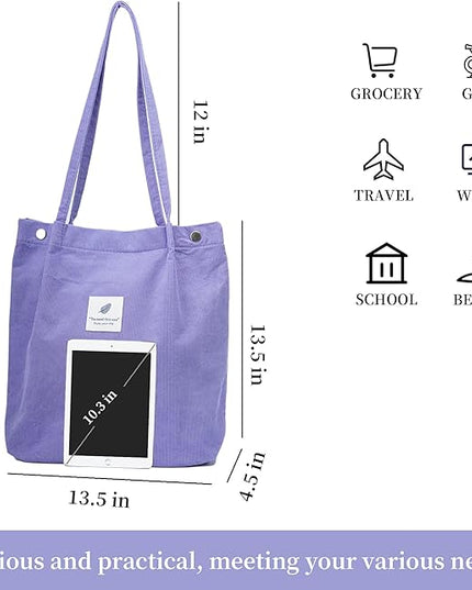 Corduroy Tote Bag Cute Tote Bags for Women Shoulder Bag with Inner Pocket for Work Beach Travel and Shopping Grocery