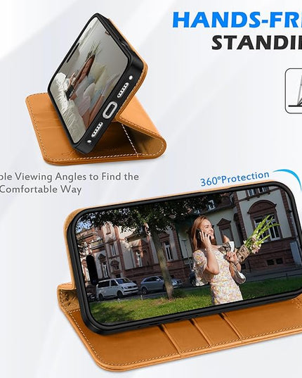 SHIELDON Case Wallet for iPhone 17 Pro 6.3-inch | Genuine Leather | Book Desgin | RFID Blocking Credit Card Slots | Magnetic Closure | Shock Absorbing Phone Cover | 2025 | Retro Light Brown