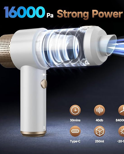 Car Vacuum Cleaner, 16000PA Mini Car Vacuum Cordless Powerful, 7 in 1 Portable Handheld Vacuum Cordless with LED Light, Dual Filters, One-Touch Empty for Pet Hair, Home, Office