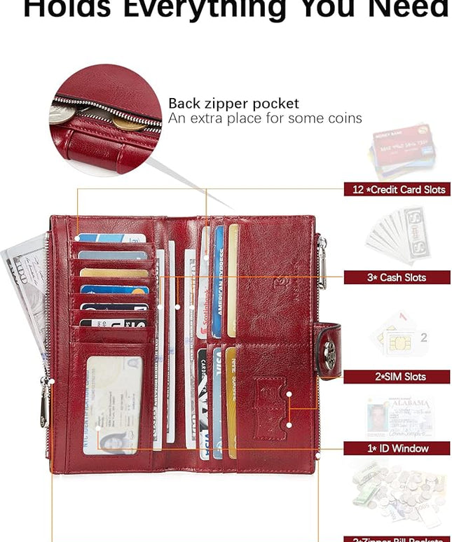 BOSTANTEN Womens Wallet Leather RFID Blocking Card Holder Large Capacity Bifold Clutch Purse with Double Zipper Pockets