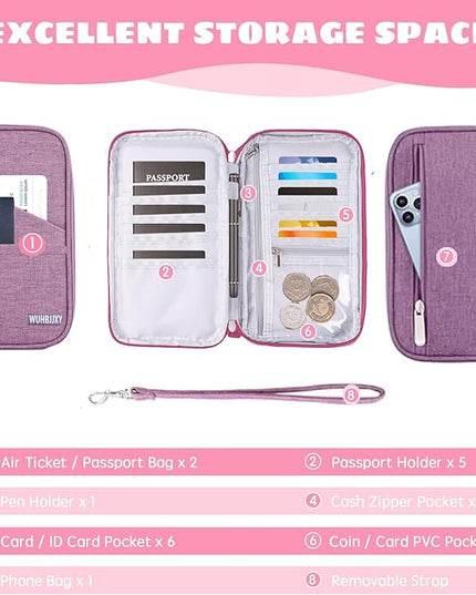 Passport Holder Family, Women Rfid BlockingWallet, Travel Essentials Premium Wallets, Waterproof Passport Holders Bag for Men Traveling, Travel Document Organizer Credit Cards Case (Purple)