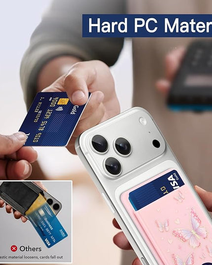 Stronger Magnetic Card Slot Wallet for iPhone 17/16/15/14/13/12 Series (Not for 13/12 Mini), Butterfly Pattern Hard Card Holder Fit 3 Cards Compatible with Magsafe Accessories, Pink