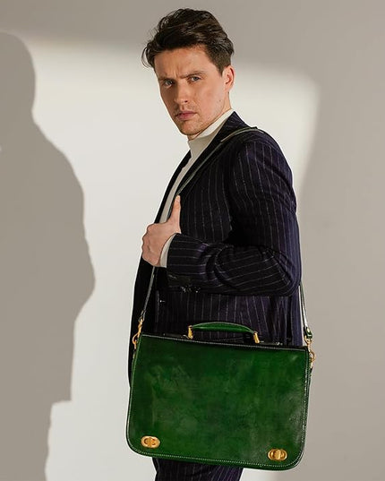 Time Resistance Leather Briefcase for Men - Italian Full Grain Leather Laptop Bag - Messenger Bag - Gift Box Included