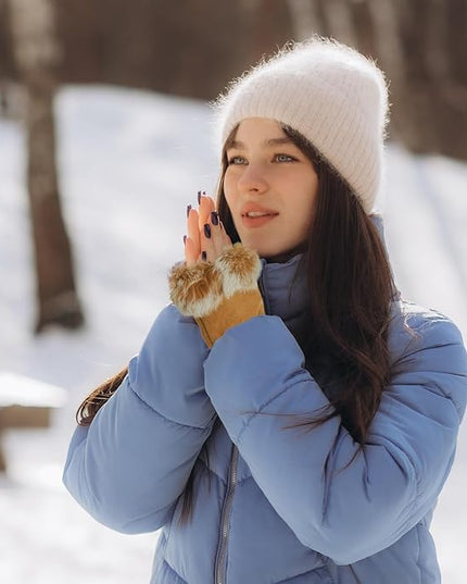 SATINIOR Women Fur Fingerless Gloves Winter Rabbit Fur Lined Half Finger Mittens for Women Girls Teen Working Writing