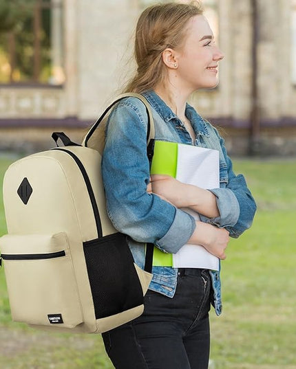 YAMTION School Backpack,Unisex Classic Bookbag Teens Schoolbag with USB Port for High School College Office Work Travel, 15.6 inch, Beige