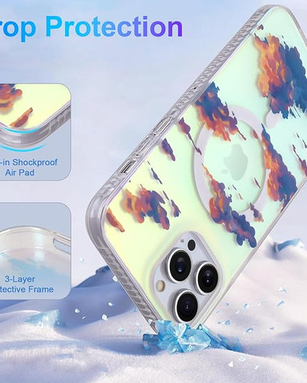 Cute Case for iPhone 12 Pro Max Case for Women Girls [ Compatible with Magsafe ] Aesthetic Cloud Pattern Design, Girly Glitter Sparkly Bling Protective Phone Cover, Iridescent Sun Set Sky