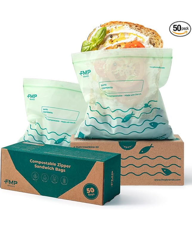 Fit Meal Prep 50 Pack 100% Compostable Sandwich Bags, 6.5 x 6.7" Resealable Food Storage Freezer Bags, Eco Friendly Snack Bags for Travel, ASTM D6400, US BPI & EU OK Compost Certified