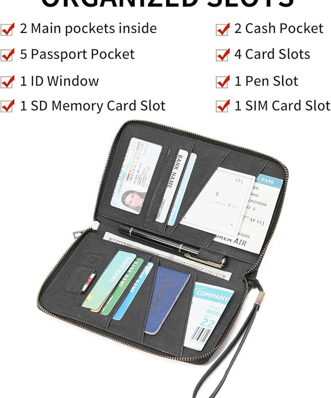Family Passport Holder Wallet RFID Blocking Zippered Passport Wallet,Women and Men Travel Wallet Ladies Passport Cover