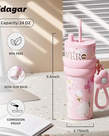 24 oz Stainless Steel Tumbler with Lid and Straw, Insulated Coffee Mug, Leak Proof, Portable Iced Travel Water Bottle, Reusable Thermal Coffee Cup, Floral Pink