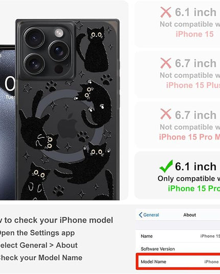 Cute Case for iPhone 15 Pro Case for Women Girls Boys [Compatible with Magsafe] Kawaii Black Cats Cat Pattern Design, Aesthetic Girly Animal Rectangle Magnetic Protective Phone Cover