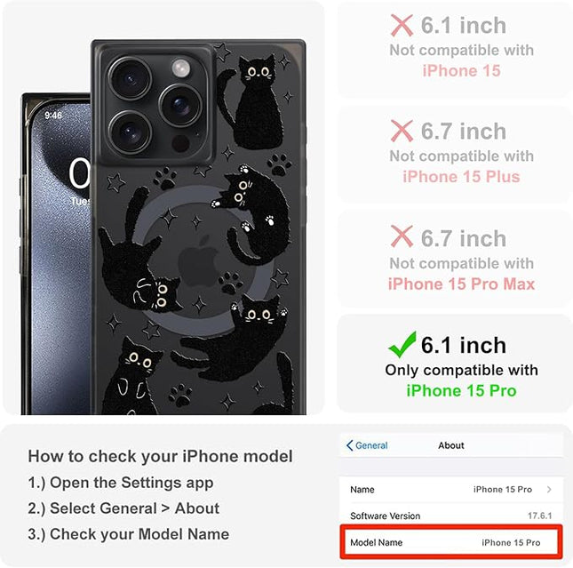 Cute Case for iPhone 15 Pro Case for Women Girls Boys [Compatible with Magsafe] Kawaii Black Cats Cat Pattern Design, Aesthetic Girly Animal Rectangle Magnetic Protective Phone Cover