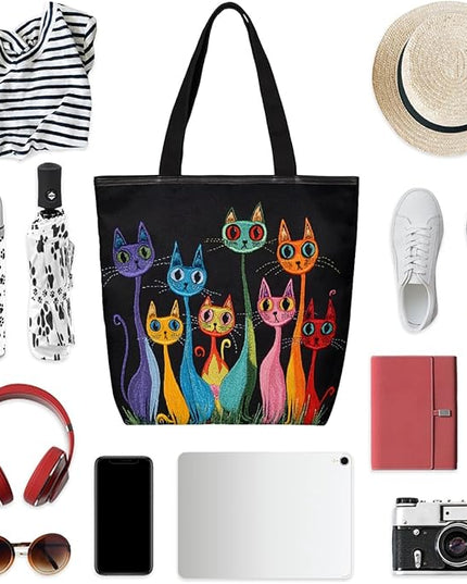 Pardick Canvas Tote Bags, Cute Funny Cats Tote Bag Eco Friendly Reusable Grocery Shopping Bagsfor Beach, Books, Women with Zipper Inner Pocket