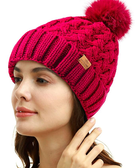 PAGE ONE Womens Winter Ribbed Beanie Crossed Cap Chunky Cable Knit Pompom Soft Warm Hat