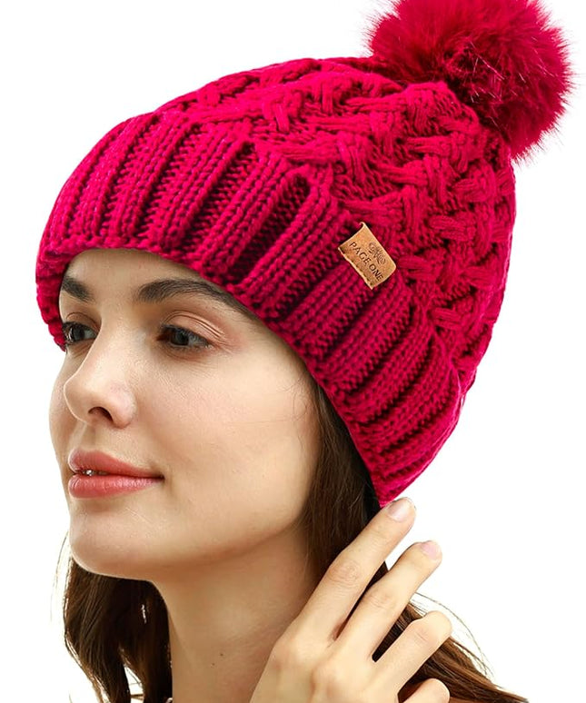 PAGE ONE Womens Winter Ribbed Beanie Crossed Cap Chunky Cable Knit Pompom Soft Warm Hat