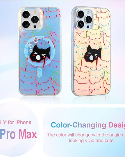 Cute Case for iPhone 13 Pro Max Case for Women Girls Boys [ Compatible with Magsafe ] Iridescent and Black Cats Cat Pattern Design, Kawaii Colorful Animal Soft Bumper Protective Phone Cover