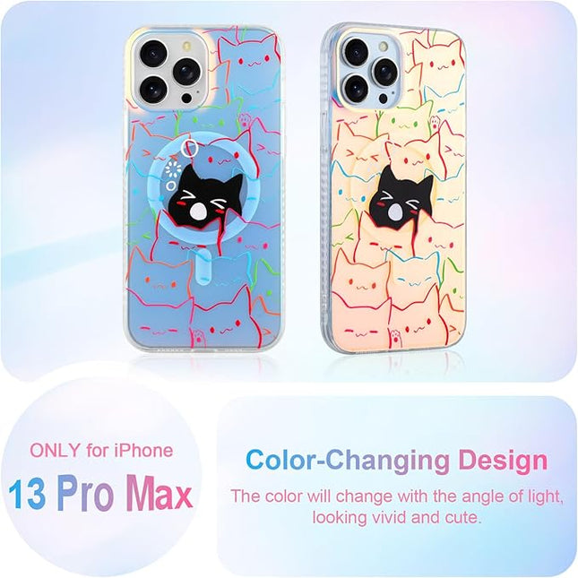Cute Case for iPhone 13 Pro Max Case for Women Girls Boys [ Compatible with Magsafe ] Iridescent and Black Cats Cat Pattern Design, Kawaii Colorful Animal Soft Bumper Protective Phone Cover