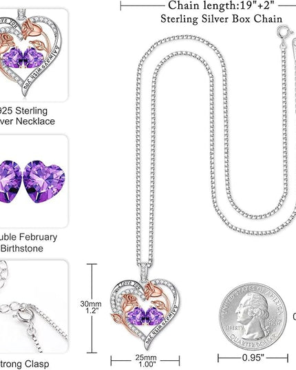Iefil Christmas Gifts for Women Wife - 925 Sterling Silver Rose Heart Birthstone Necklace Birthday Anniversary Jewelry Gifts for Her Wife Mom Daughter