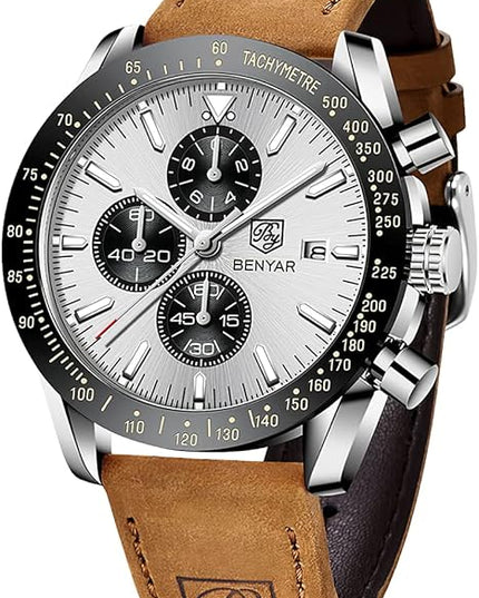 BY BENYAR Watch for Men Analog Quartz Chronograph Waterproof Luminous Designer Mens Wrist Watches Business Work Sport Casual Dress Watch with Silicone Strap Elegant Gifts for Men