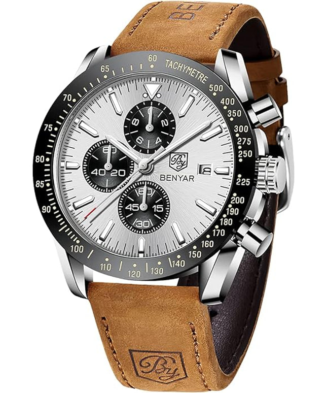 BY BENYAR Watch for Men Analog Quartz Chronograph Waterproof Luminous Designer Mens Wrist Watches Business Work Sport Casual Dress Watch with Silicone Strap Elegant Gifts for Men