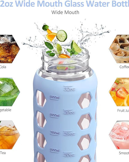 MUKOKO Glass Water Bottles,32oz Glass Tumbler with Straw,Drinking Bottles with 2 Lids-Handle Spout Lid&Bamboo Straw Lid,Motivational Water Bottle with Time Marker and Silicone Sleeve,1 Pack-Glacier