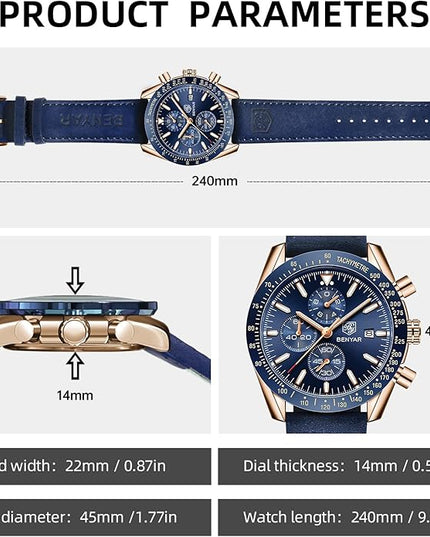 BY BENYAR Watch for Men Analog Quartz Chronograph Waterproof Luminous Designer Mens Wrist Watches Business Work Sport Casual Dress Watch with Silicone Strap Elegant Gifts for Men