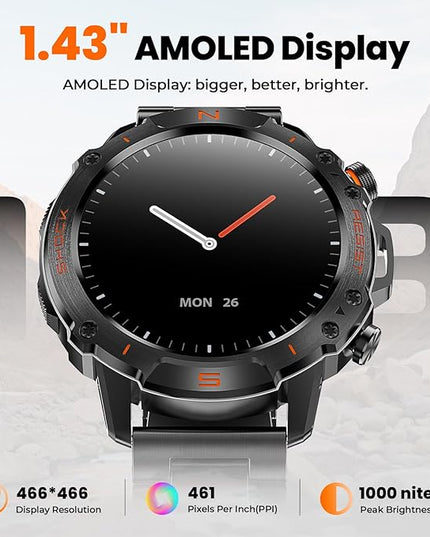 WalkerFit Smart Watch for Men, 1.43" Round AMOLED, 5ATM Waterproof for Swim,Heart Rate & Sleep Monitor,Long Battery,Outdoor Activity Tracker,Voice Control&Bluetooth Call,Android Compatible with iPhone