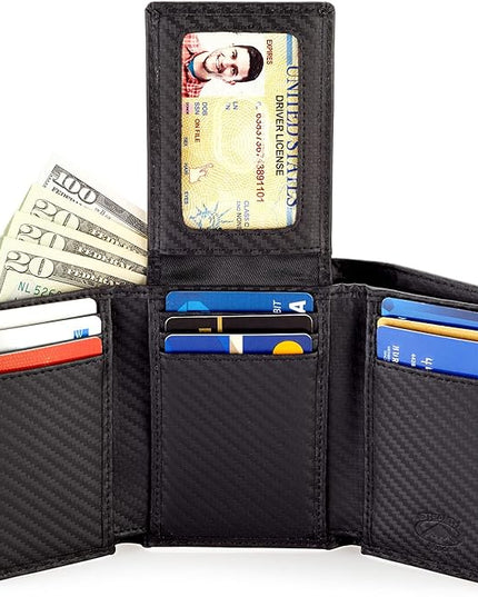 Stealth Mode Trifold Wallet - RFID Blocking Wallet with Flip ID Holder - Leather Case for Money, Credit Cards - Mens Organizer, Divided Billfold, Identity Protection - Men's Gifts (Carbon Fiber) | RFID Blocking Wallet, Flip ID Holder, Leather Case, Mon...