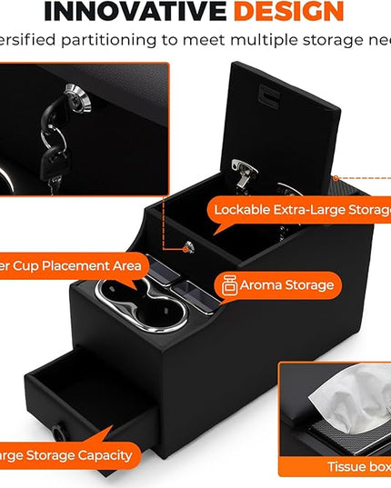 Center Console Between Seat Organizer for Minivans, SUVs, with Phone Holder & Cup Holders for Minivan &SUVs, Middle Van Floor Console Organizer Storage Box- Black