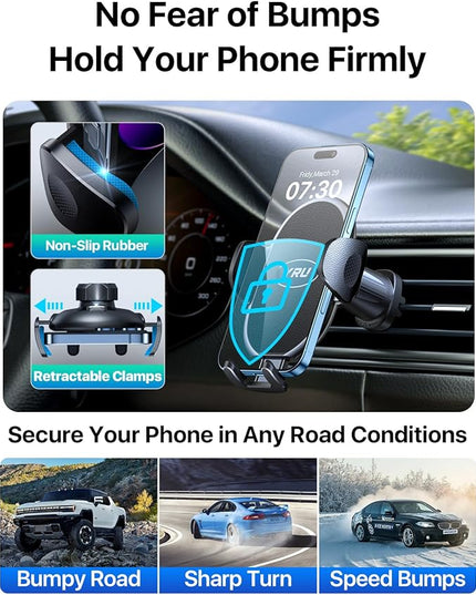YRU Phone Holders for Your Car [2026 Upgraded Military Metal Hook], Cellphone Holder Car[No Fear of Bumps] Vent Phone Mount Truck Compatible with iPhone17 16 15 14 13 12 Samsung Android, Black