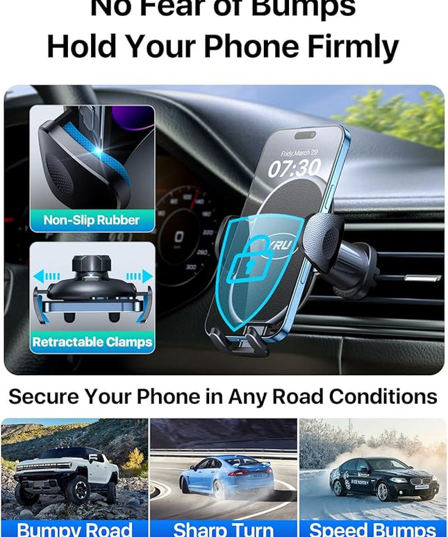 YRU Phone Holders for Your Car [2026 Upgraded Military Metal Hook], Cellphone Holder Car[No Fear of Bumps] Vent Phone Mount Truck Compatible with iPhone17 16 15 14 13 12 Samsung Android, Black
