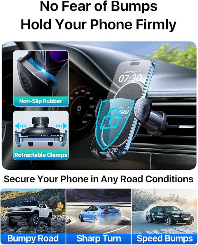YRU Phone Holders for Your Car [2026 Upgraded Military Metal Hook], Cellphone Holder Car[No Fear of Bumps] Vent Phone Mount Truck Compatible with iPhone17 16 15 14 13 12 Samsung Android, Black
