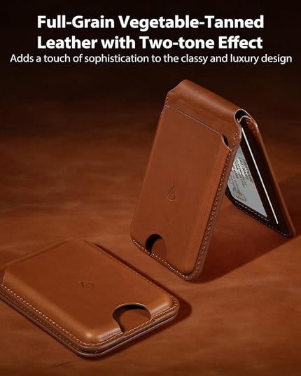Belemay Strong Magnetic Wallet for MagSafe with Adjustable Stand, Full-Grain Leather Card Holder, Up to 5 Cards, RFID Blocking, Slim for iPhone 17/16/15/14/13/12 Series Men & Women - Saddle Brown