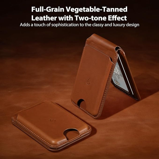 Belemay Strong Magnetic Wallet for MagSafe with Adjustable Stand, Full-Grain Leather Card Holder, Up to 5 Cards, RFID Blocking, Slim for iPhone 17/16/15/14/13/12 Series Men & Women - Saddle Brown