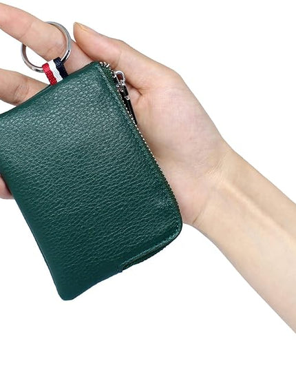 Plinvo Mini Genuine Leather Wallet Coin Purse with Dual Keyrings Compact Change Pouch and Card Holder for Men and Women (Dark green)